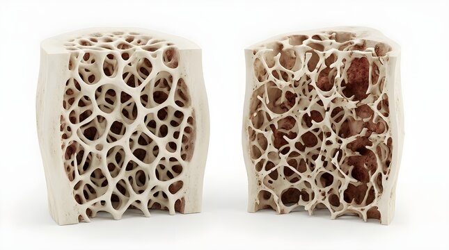3D Medical Illustration Comparing Healthy Bone and Osteoporosis Bone Structure Showing Porous Trabecular Tissue
