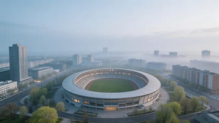 Stadium Under the Morning Haze: An aerial view of a majestic stadium bathed in the soft glow of dawn, shrouded in a gentle mist, evokes a sense of anticipation and the promise of the day's event.