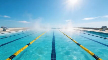 Tranquil Poolside: A clear view of a competition swimming pool at an outdoor setting on a sunny day. The water shimmers under the bright sun, inviting you to dive in.