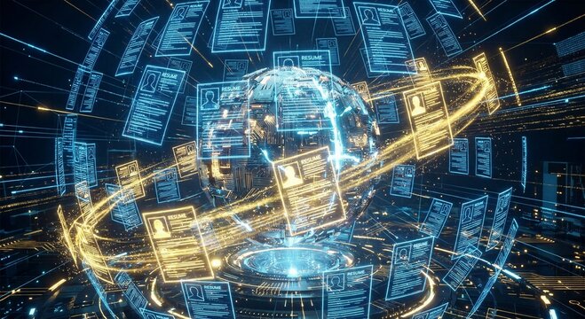 Digital globe with swirling resume documents and candidate profiles representing global talent acquisition and international recruitment database in virtual space