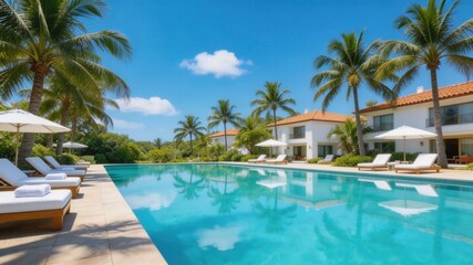 Paradise Poolside: A tranquil poolside scene with a luxury villa resort, pristine turquoise water, palm trees, sun loungers under white umbrellas, and the azure sky, offers a serene escape.