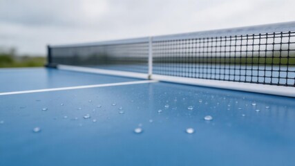 Ping Pong Game: A close-up view of a ping pong table, focusing on the net and surface of the blue table, speckled with water droplets, against a soft, out-of-focus background.