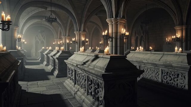 Dimly Lit Crypt with Ancient Coffins.
