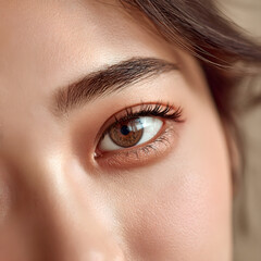 Naklejka premium a captivating close-up portrait of an eye, highlighting its intricate beauty and features. The eye showcases a stunning hazel iris, complemented by long lashes and perfectly shaped brows