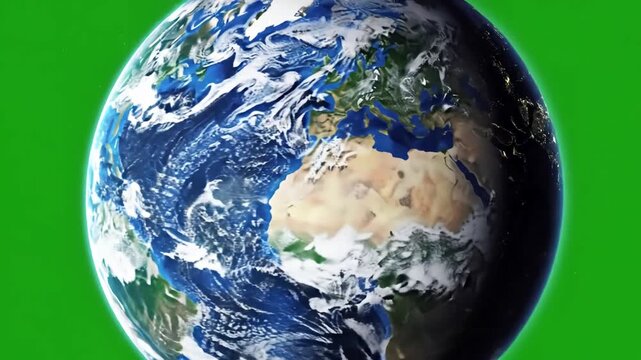 Green Screen realistic earth rotating 4k perfect for your own background using high detailed texture scene 1 with distortion, overlay, glitch, static noise, scan lines on black background, animated