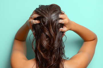 Naklejka premium Back view of a woman massaging wet brown hair with both hands against a mint background. Clean beauty composition highlights haircare, washing, hygiene, and self care in a studio setting.