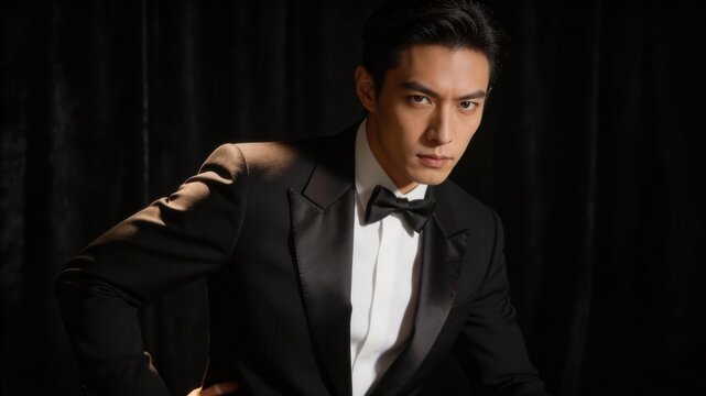 Sophisticated Elegance: A distinguished gentleman in a classic black tuxedo, complete with a bow tie, exudes refined charm and poised confidence, the dark backdrop amplifying his debonair presence.