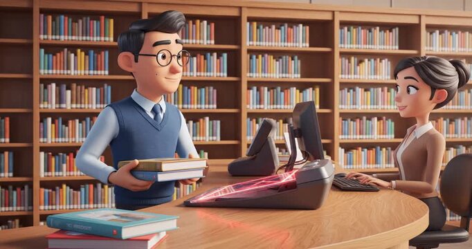 Animated scene of a librarian assisting a patron with book checkout in a vibrant library