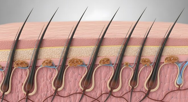 Microscopic cross section of human skin showing hair follicles and tissue structure