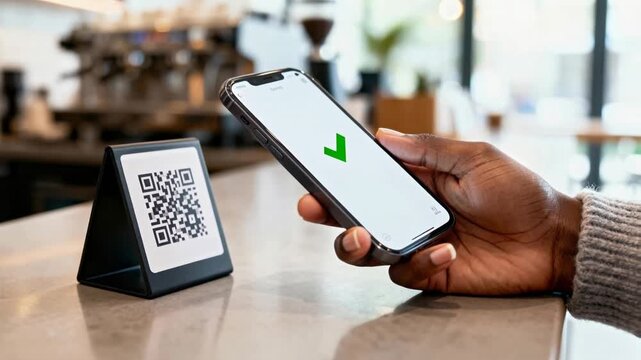 Close-up of hand holding phone and scanning QR code display on coffee shop counter, green checkmark appearing on the screen after successful payment