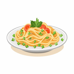 Appetizing spaghetti pasta with tomato and green onions