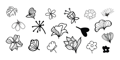 Seamless leopard animal print pattern on white background featuring black vector silhouettes of flowers, leaves, and butterflies for a nature-inspired floral design collection © Rakibul