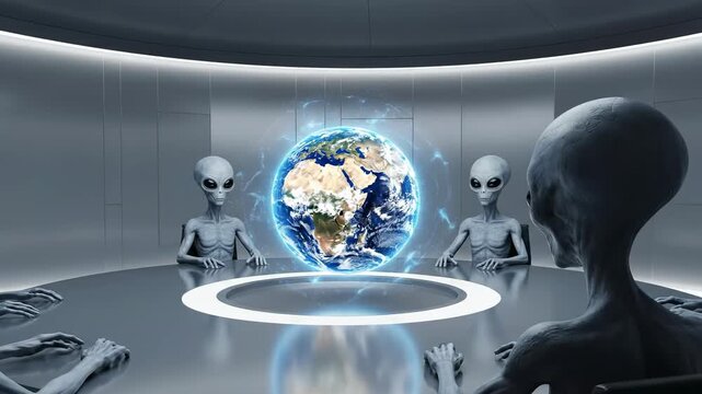 Extraterrestrial beings discussing planetary affairs around a holographic Earth in a sci-fi boardroom