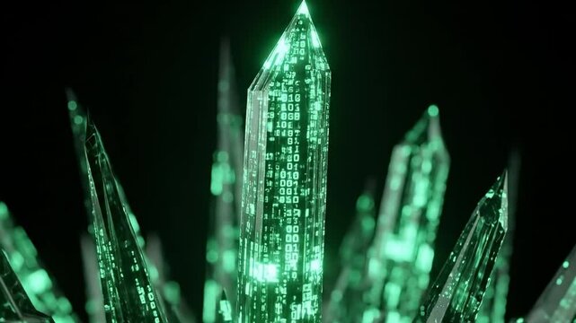 Digital Data Crystal Cluster, Cyberpunk Matrix Code Gemstones, Futuristic Green Tech Mineral