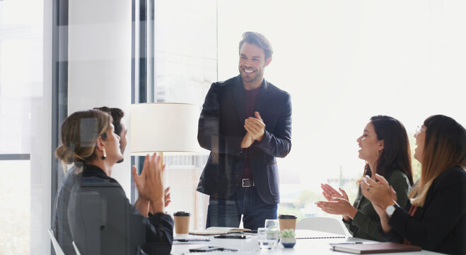 Happy, team and applause in boardroom, presentation and celebration for financial growth with success. Corporate, investment banker and laughing with people, meeting or clapping for bonus in business