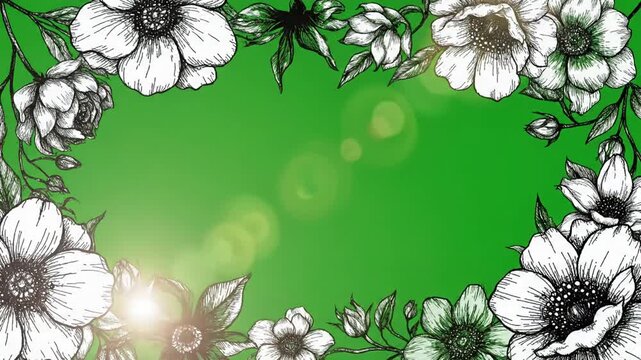 Green Screen hand drawn black and white flowers spinning frame on for background scene 1 with distortion, overlay, glitch, static noise, scan lines background, 4k animated video loop