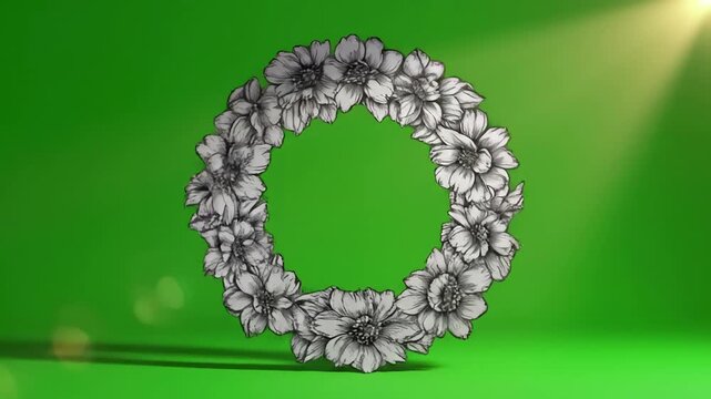 Green Screen hand drawn black and white flowers spinning frame on for background scene 2 with distortion, overlay, glitch, static noise, scan lines background, 4k animated video loop