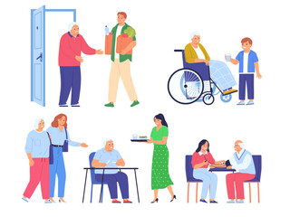 Fototapeta premium caregiver assisting elderly individual daily activities illustration senior care people