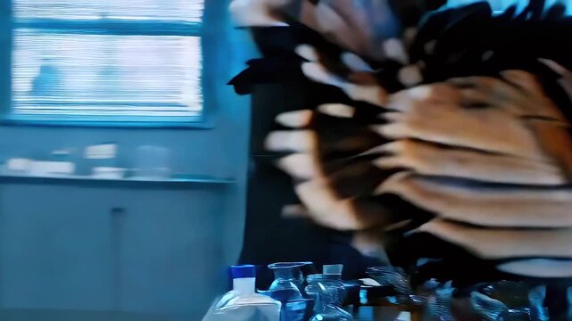 Turkeys rampage through laboratory experiment, colorful chemical liquids spill across glassware and benches as frantic wings scatter equipment during chaotic research accident inside busy science lab