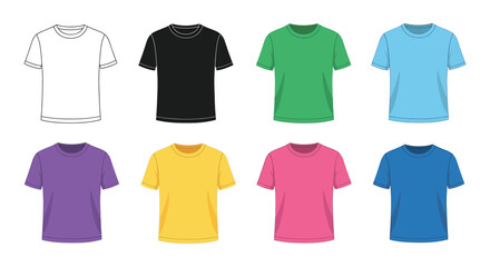 A collection of colorful blank vector t-shirt illustrations for design mockups.