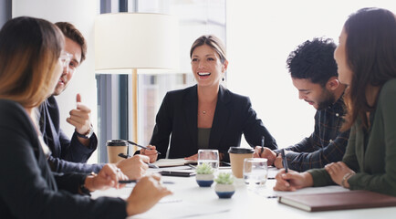 Investor, laughing and business people in office, meeting and deadline for financial proposal....