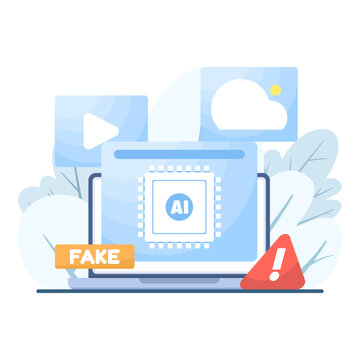 Vector illustration of AI warning concept, caution about deepfake media, fake news and fraud from artificial intelligence videos or images, technology risk awareness, flat design on white