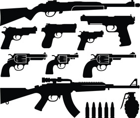 Flat vector firearm silhouettes, pistol revolver rifle icons, weapon illustration design, ammunition grenade art, military gun collection, security defense concept