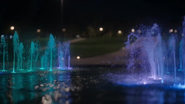 Colorful fountain water jets illuminated at night creating a vibrant display of light