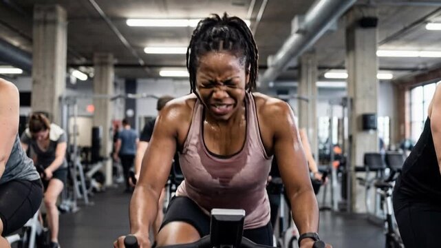 Woman feeling exhausted and sweating during an intense spin class workout