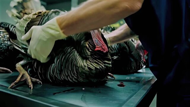 Turkeys lie on stainless inspection table as worker wearing protective gloves examines poultry carcasses under bright lights inside meat processing facility during routine food safety inspection