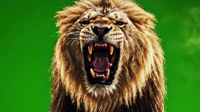Green Screen slow motion of a lion roaring in front key scene 2 with distortion, overlay, glitch, static noise, scan lines on black background, 4k animated video loop
