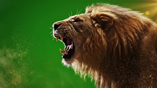 Green Screen slow motion of a lion roaring in front key scene 4 with distortion, overlay, glitch, static noise, scan lines on black background, 4k animated video loop