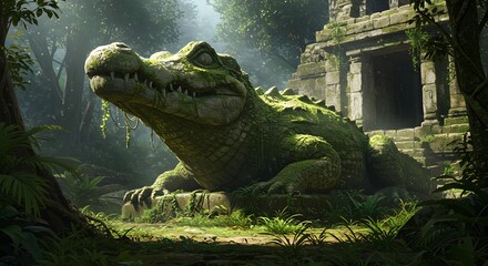 Ancient moss-covered crocodile statue rests amidst the dense jungle foliage and forgotten ruins, evoking a sense of primeval mystery and untamed wilderness