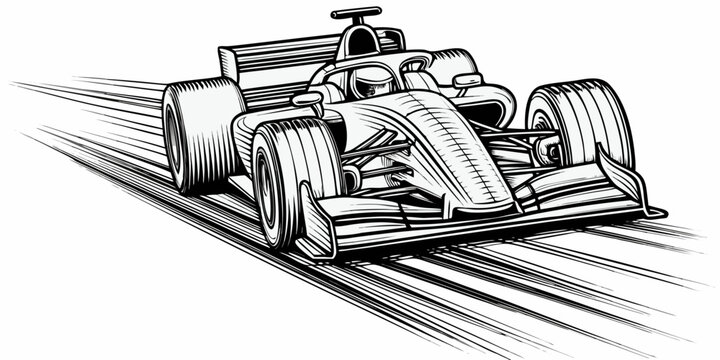 Realistic Formula Racing Car with Driver Line Art Illustration Isolated on White