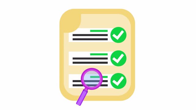 Approved check mark on verified document icon with green checkmarks and purple magnifying glass in an alpha channel. Flat design checklist illustration for data auditing and quality control.