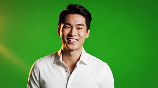 Green Screen man studio and laughing for portrait with space product placement happiness face of asian male model person a smile advertising on background or chroma key scene 2 distortion, overlay