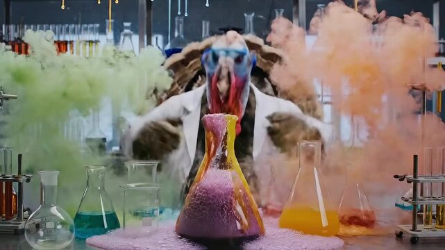Vivid chemical spectacle, Vibrant showcase of chemical reactions and color transformations in laboratory testing, Energetic presentation exhibiting range of colorful chemical reactions in laboratory