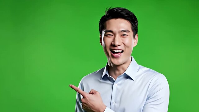 Green Screen man studio and laughing for portrait with space product placement happiness face of asian male model person a smile advertising on background or chroma key scene 3 distortion, overlay