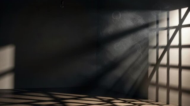 Dark Room with Sunlight Streaming Through Bars.