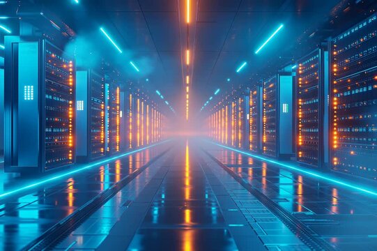 Cinematic photography of futuristic data center corridor with server racks and pulsing blue LED lights, high tech environment
