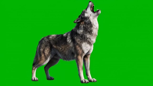 A wild wolf howling at the moon, full body shot, isolated on a solid green screen alpha, majestic, dark forest