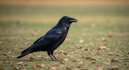Obraz premium Crow Standing on Grassy Field in Serene Natural Setting. Single Black Crow on Earthy Terrain with Dry Leaves. Wildlife Photography of Crow in Focused Earth Tone Scene.