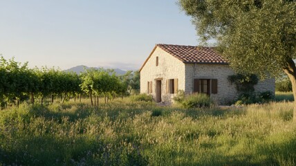 Obraz premium Charming Rustic House Surrounded by Vineyard and Lush Green Fields in Tranquil Countryside Landscape