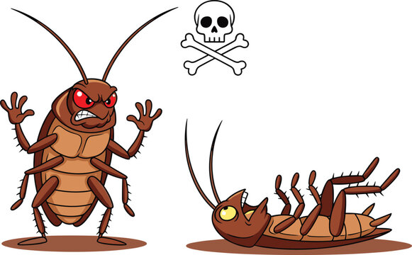 Funny cartoon cockroach character collection featuring an angry standing pest and a dead roach lying on its back next to a skull.