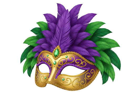 Ornate carnival mask with feathers and jewels for masquerade or mardi gras celebration isolated on transparent background