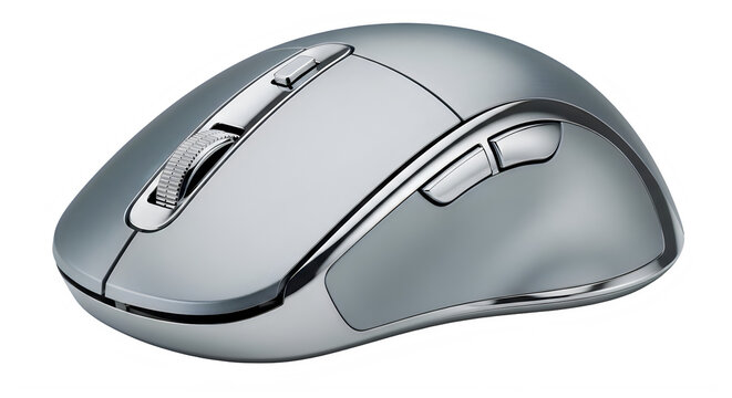Modern shiny wireless computer mouse with scroll wheel and buttons transparent background