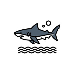 Cartoon shark swimming in water with bubbles icon