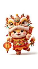 Fototapeta premium Cute Chibi Lion Dance Mascot 3D Illustration for Asian Lunar New Year, pure white background