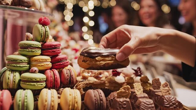 Hand selecting chocolate eclair from dessert table at festive event