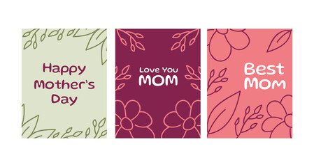 Naklejka premium Set of Three Mother's Day Greeting Cards With Floral Hand-Drawn Designs for Mom